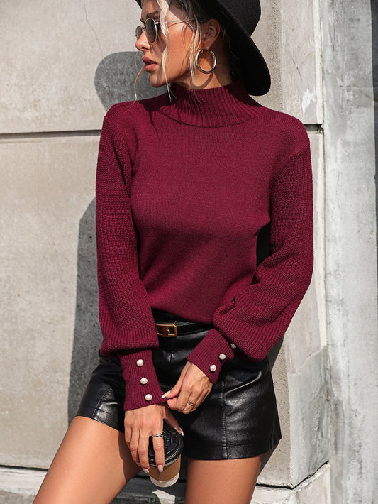 Raisman Pearl Turtleneck Knit Sweater - Burgundy