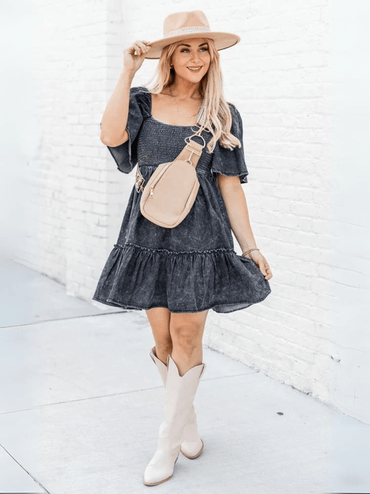 Sonesta Babydoll Denim Mini Dress - Black