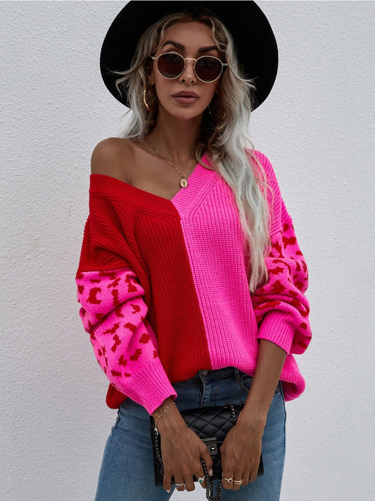 Calistally | Color-Block Lantern Sleeve Sweater - Fuchisa Leopard