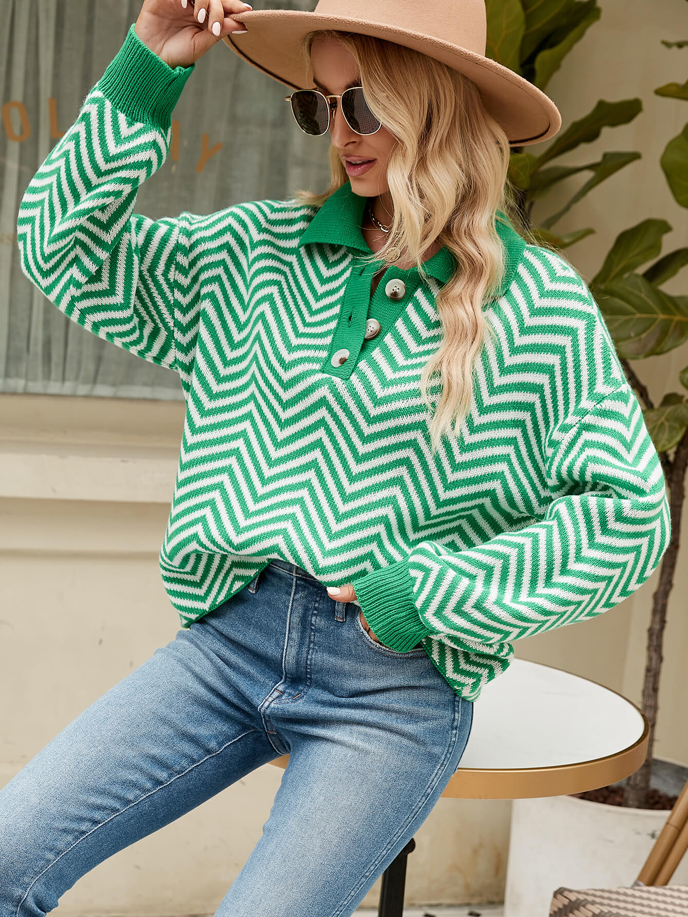 Benji Zig Zag Striped Batwing Sleeve Sweater - Green