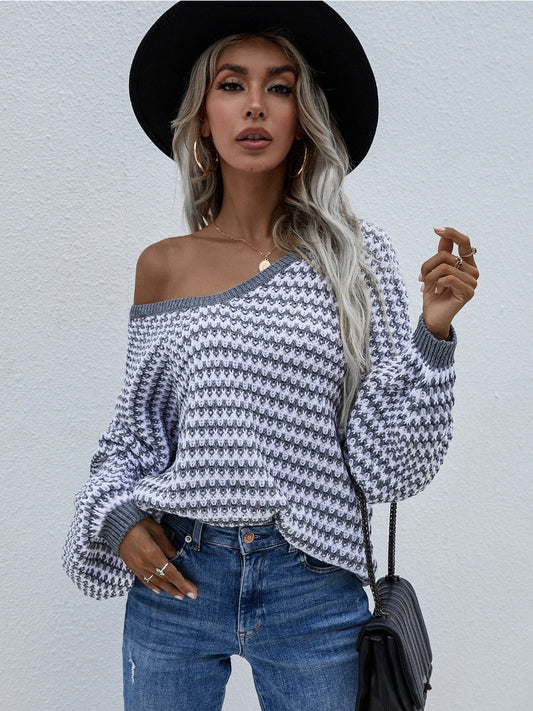 Calistally | Puff sleeve V-Neck Sweater - Grey