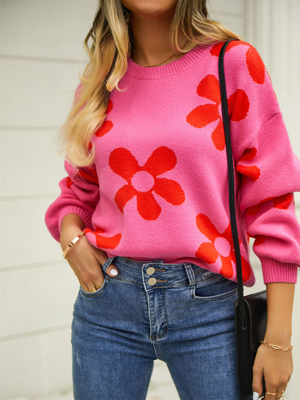 Fall Mega Daisy Floral Pullover Sweater - Pink