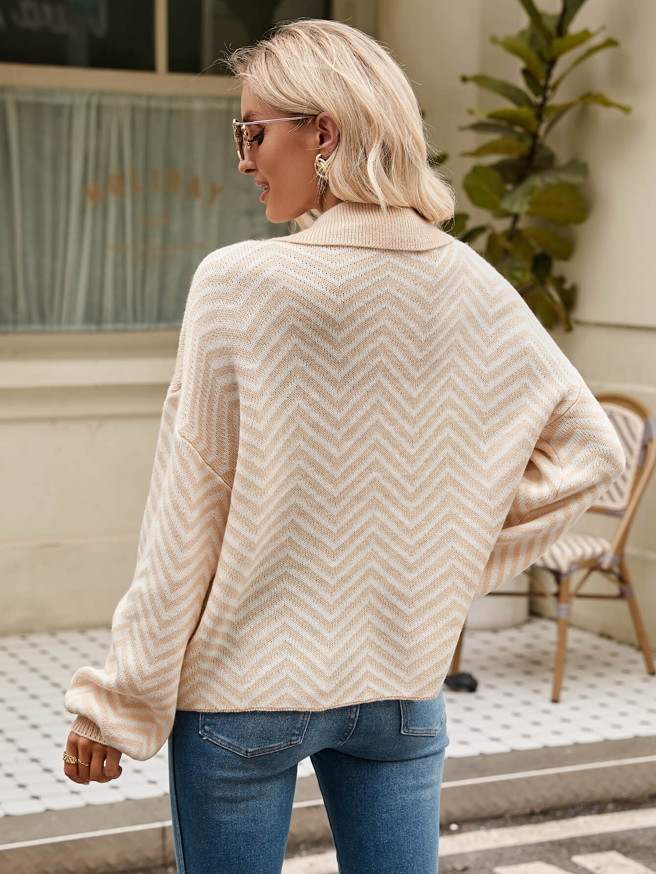 Benji Zig Zag Striped Batwing Sleeve Sweater - Beige
