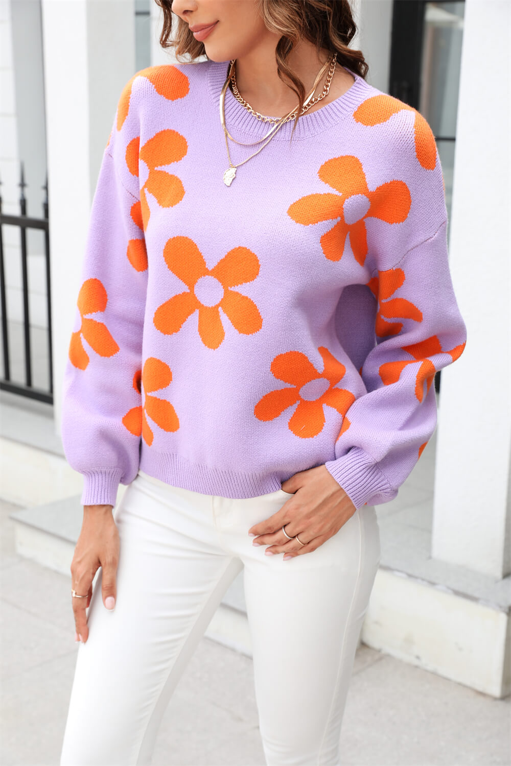 Fall Mega Daisy Floral Pullover Sweater - Purple