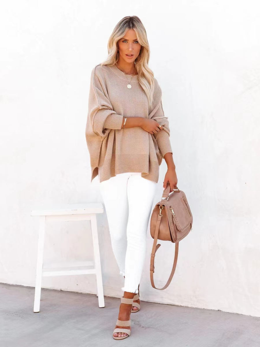 OVERSIZED BATWING SLEEVE KNIT SWEATER - KHAKI