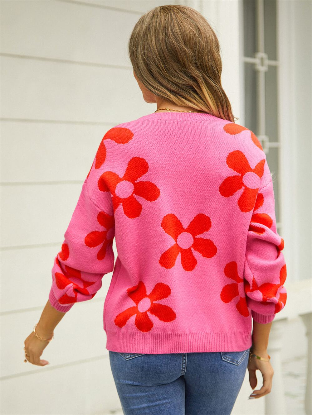 Fall Mega Daisy Floral Pullover Sweater - Pink