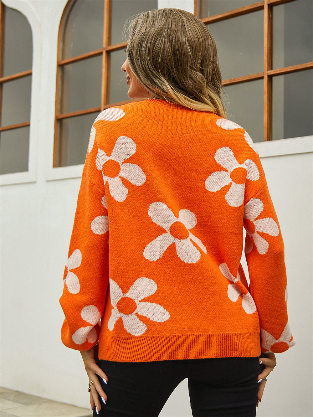 Fall Mega Daisy Floral Pullover Sweater - Orange