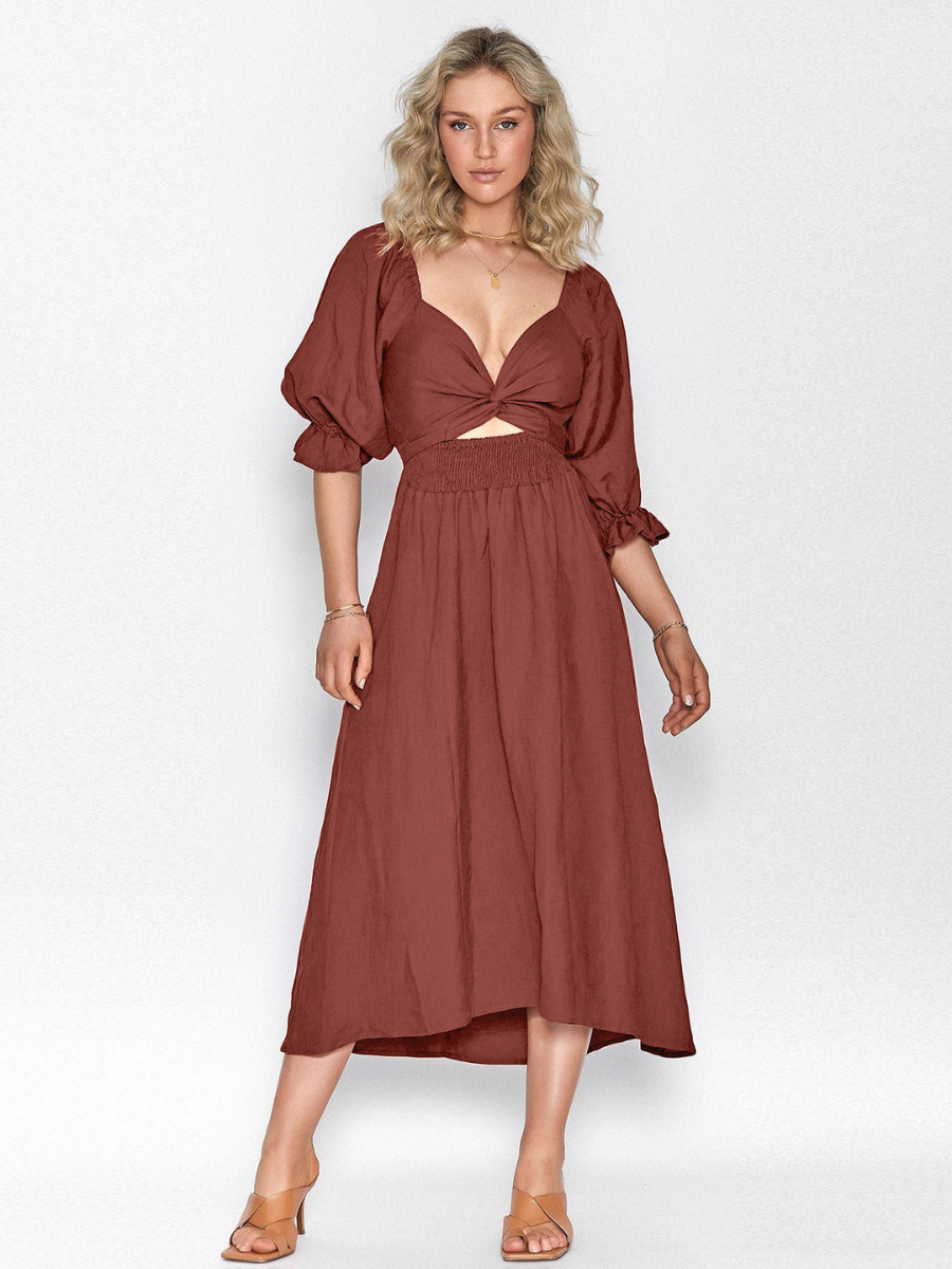 SUNSET SANDS TWO WAY WEARABLE MIDI DRESS - BRICK