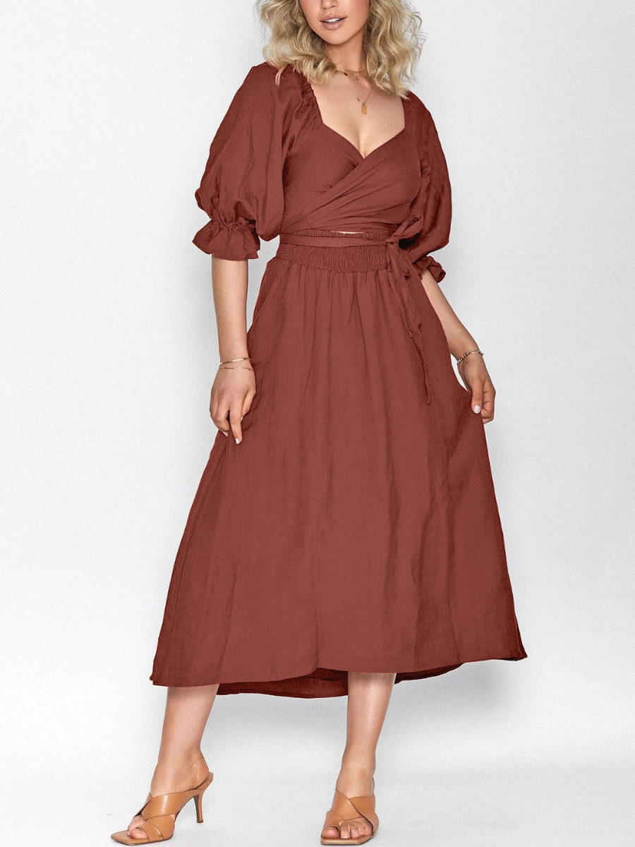 SUNSET SANDS TWO WAY WEARABLE MIDI DRESS - BRICK