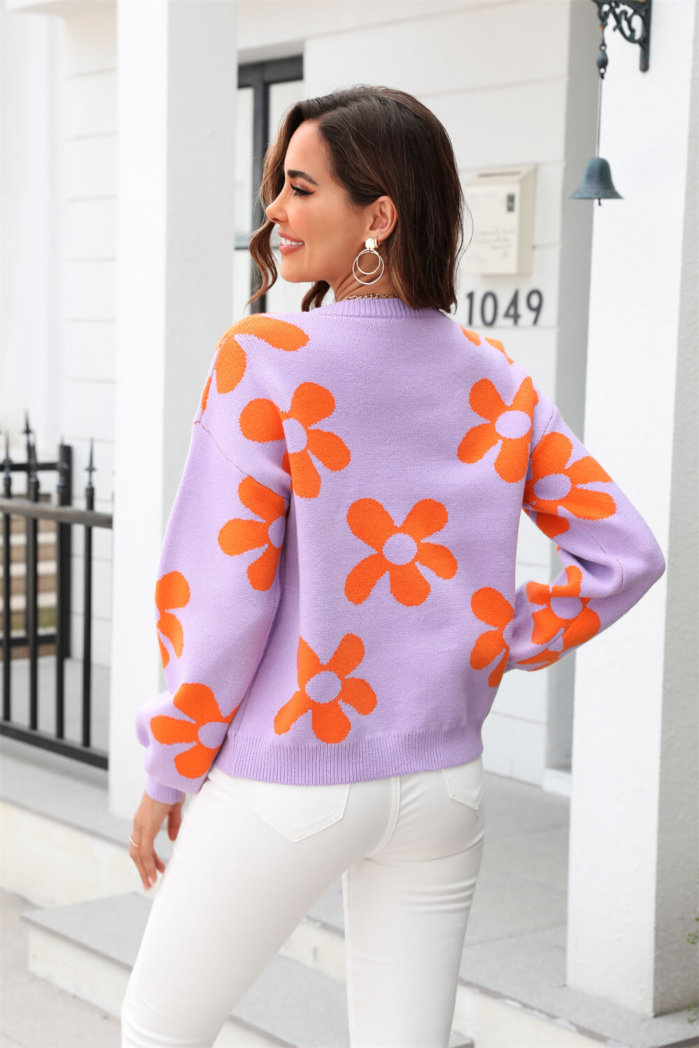 Fall Mega Daisy Floral Pullover Sweater - Purple
