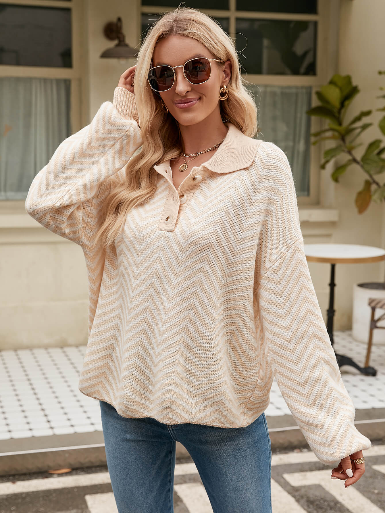 Benji Zig Zag Striped Batwing Sleeve Sweater - Beige