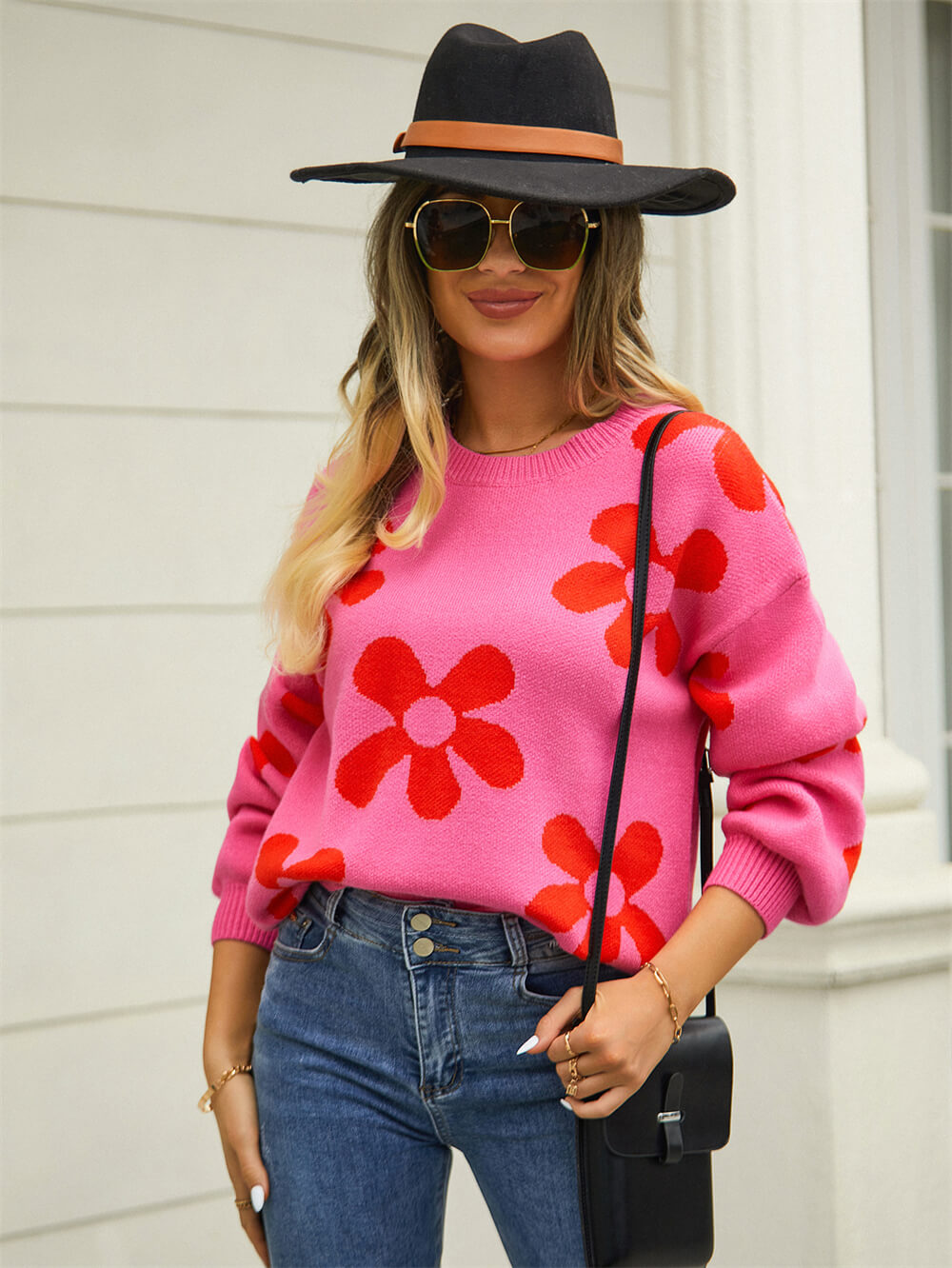 Fall Mega Daisy Floral Pullover Sweater - Pink