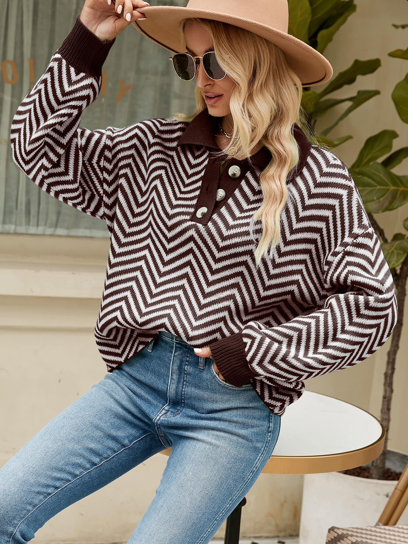 Benji Zig Zag Striped Batwing Sleeve Sweater - Brown