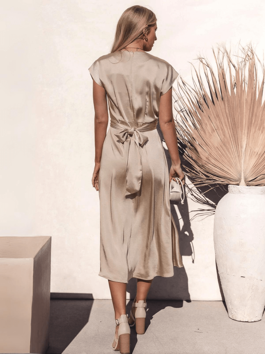 Theia Satin Short Sleeve Midi Dress - Champagne