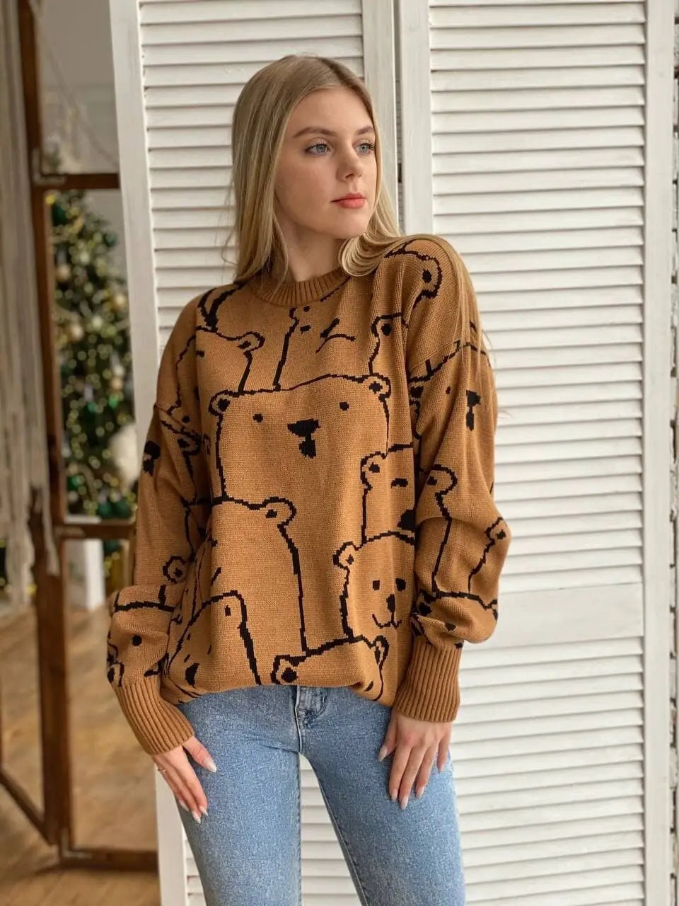 Calistally Doll | Smiley Polar Bear Brown Knit Sweater Dress