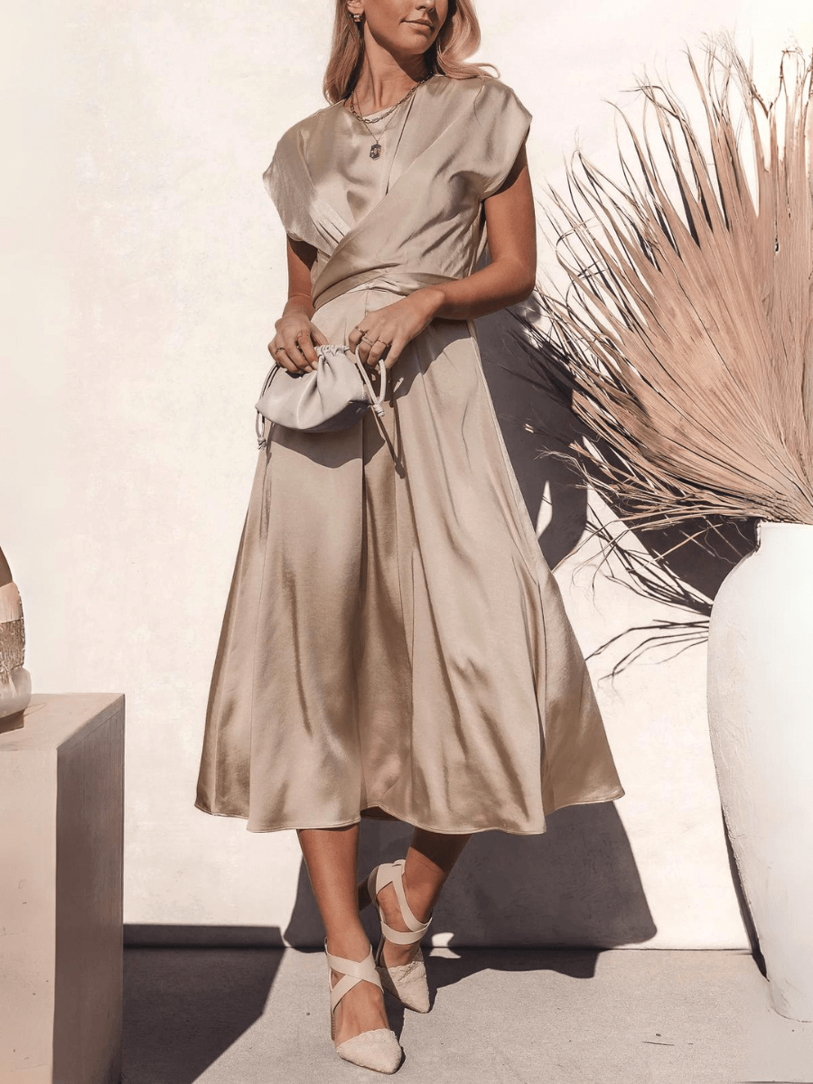 Theia Satin Short Sleeve Midi Dress - Champagne