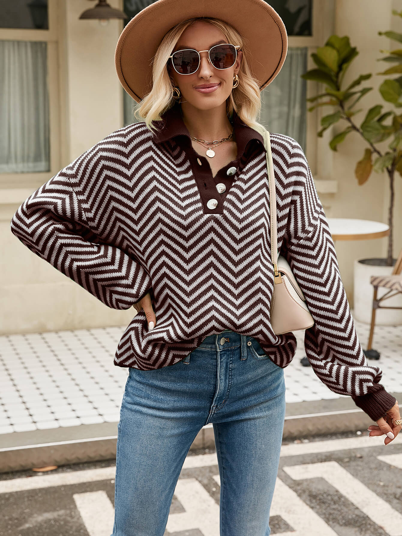 Benji Zig Zag Striped Batwing Sleeve Sweater - Brown
