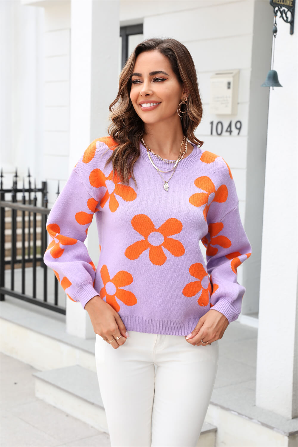 Fall Mega Daisy Floral Pullover Sweater - Purple