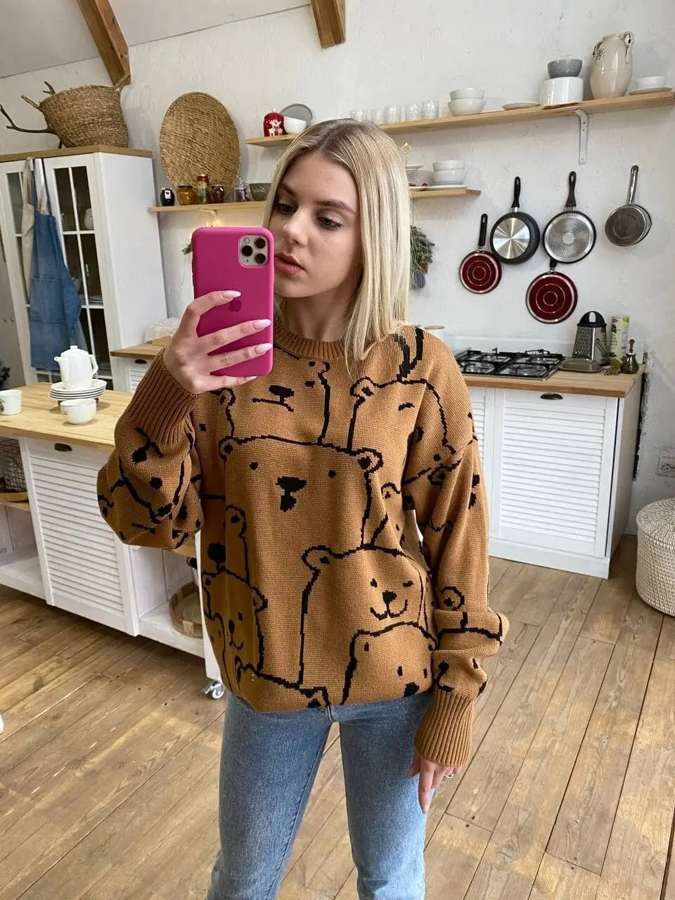 Calistally Doll | Smiley Polar Bear Brown Knit Sweater Dress
