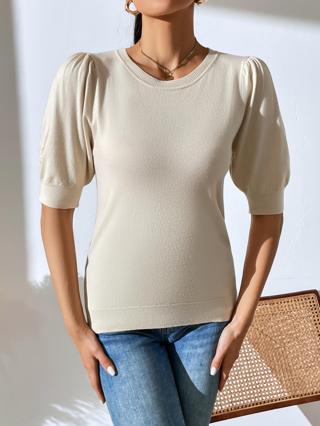 HALO SHORT SLEEVE COTTON BLEND KNIT TOP - BEIGE