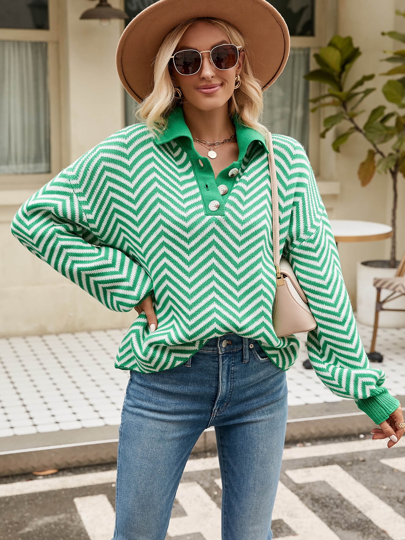 Benji Zig Zag Striped Batwing Sleeve Sweater - Green