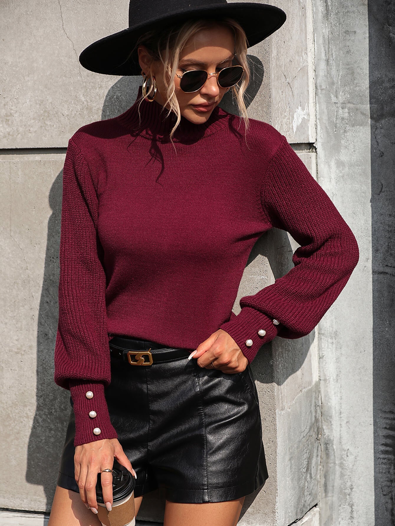 Raisman Pearl Turtleneck Knit Sweater - Burgundy