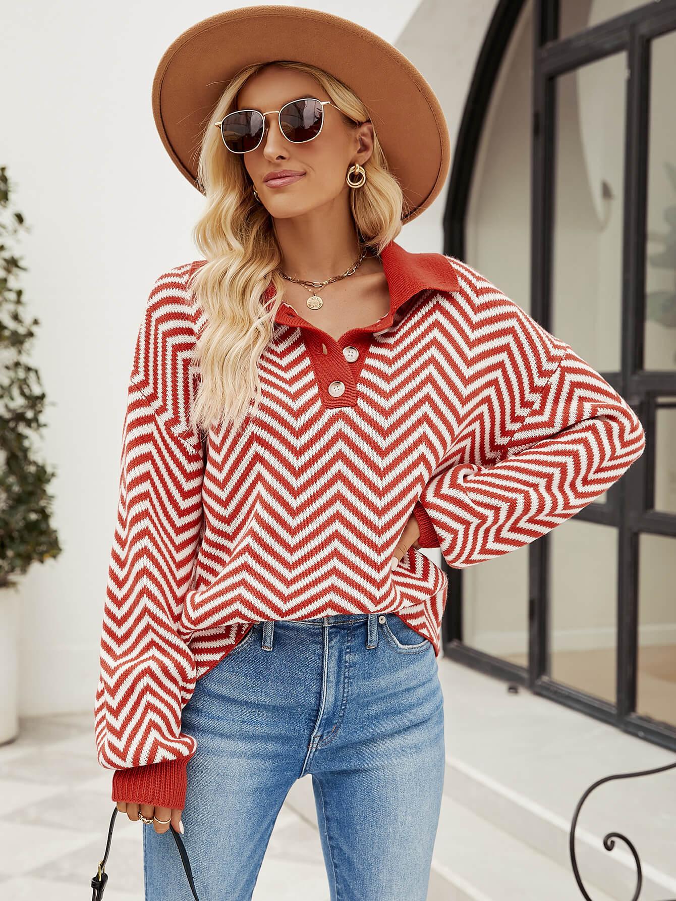 Benji Zig Zag Striped Batwing Sleeve Sweater - Red