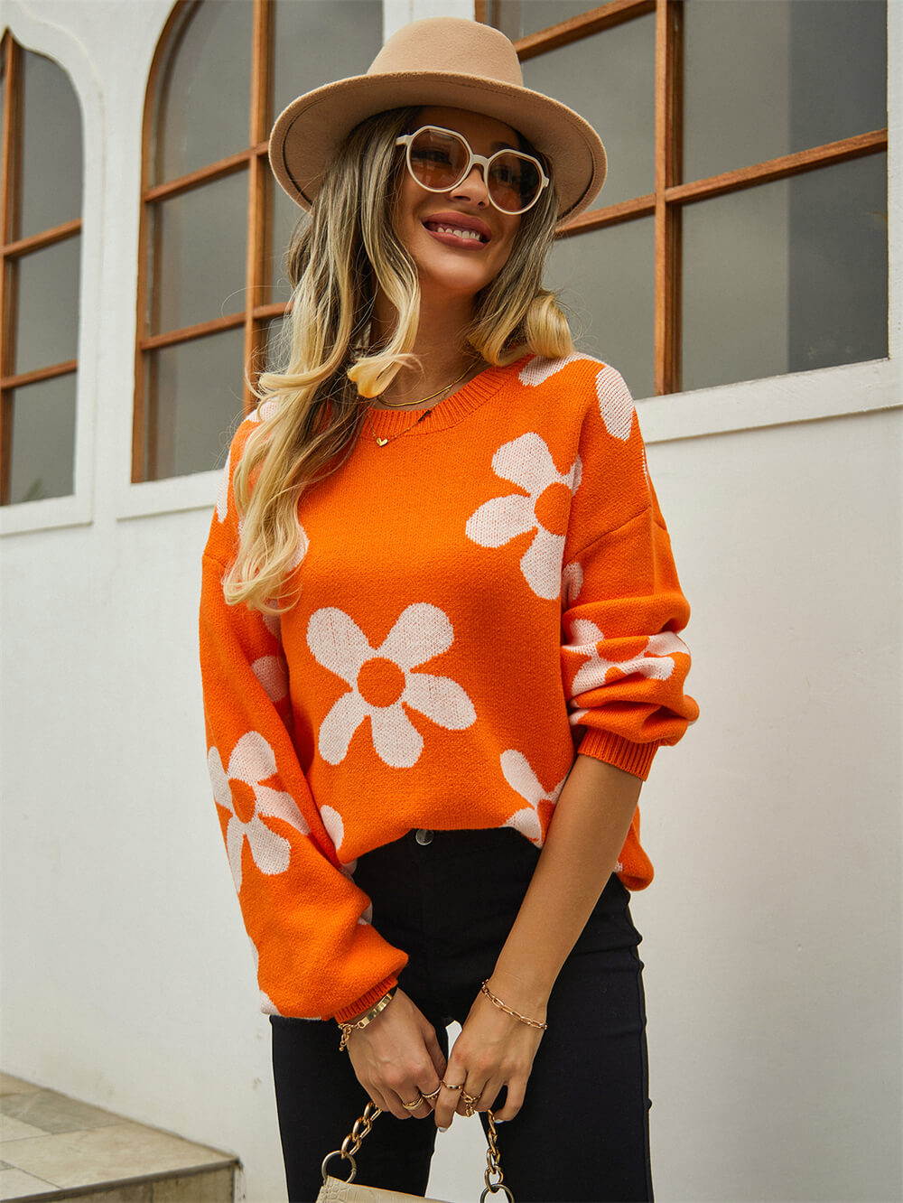 Fall Mega Daisy Floral Pullover Sweater - Orange