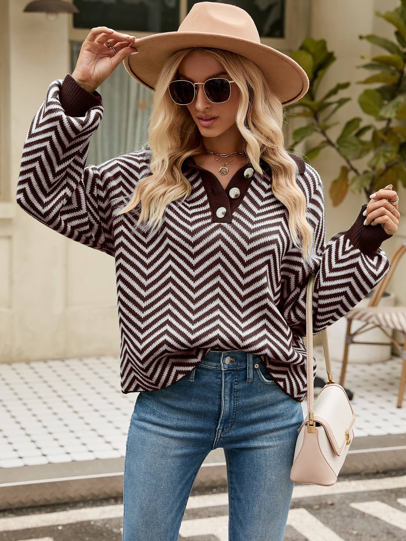 Benji Zig Zag Striped Batwing Sleeve Sweater - Brown