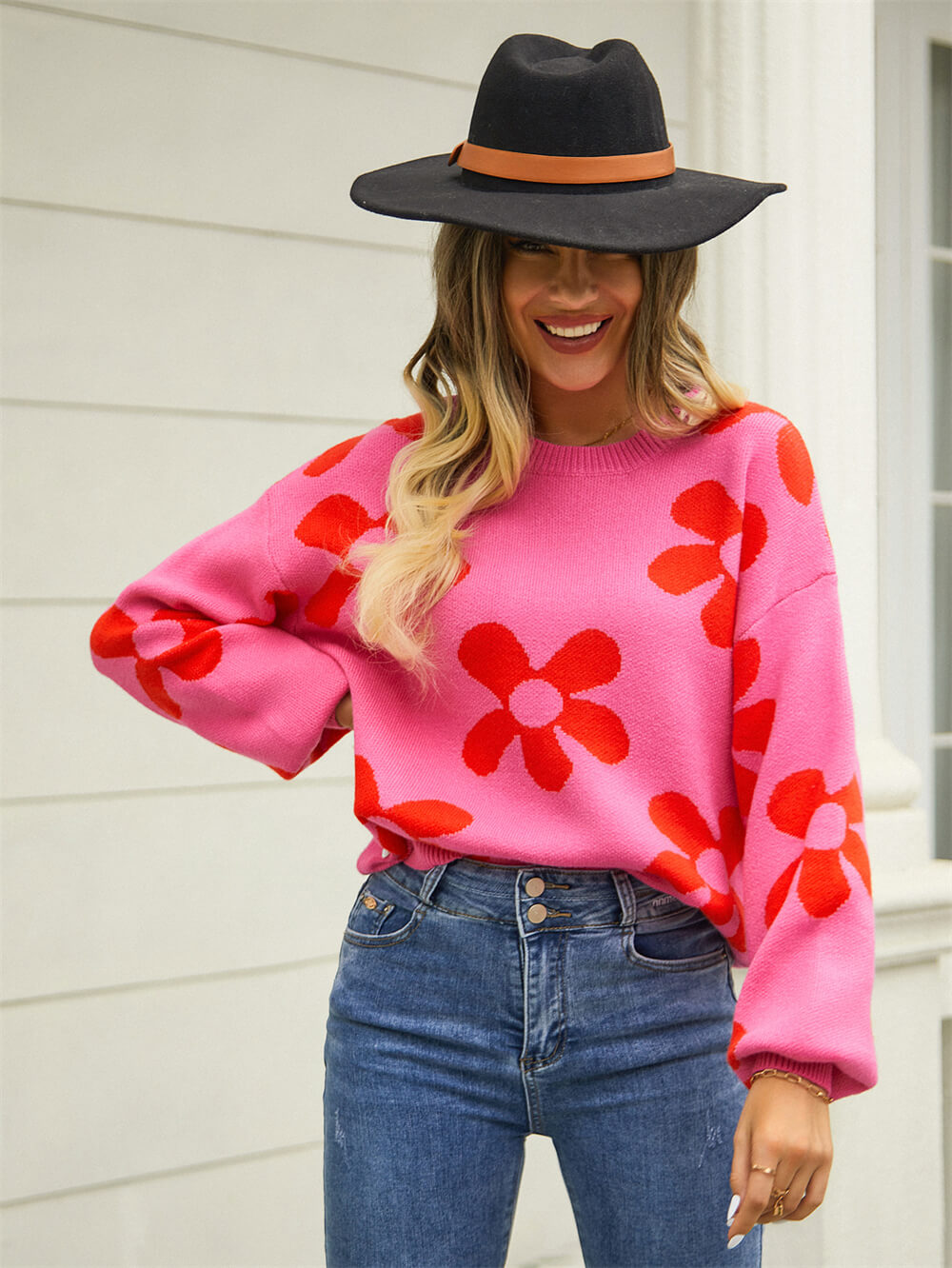 Fall Mega Daisy Floral Pullover Sweater - Pink