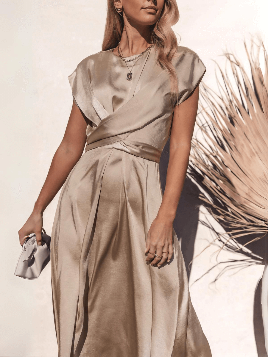 Theia Satin Short Sleeve Midi Dress - Champagne