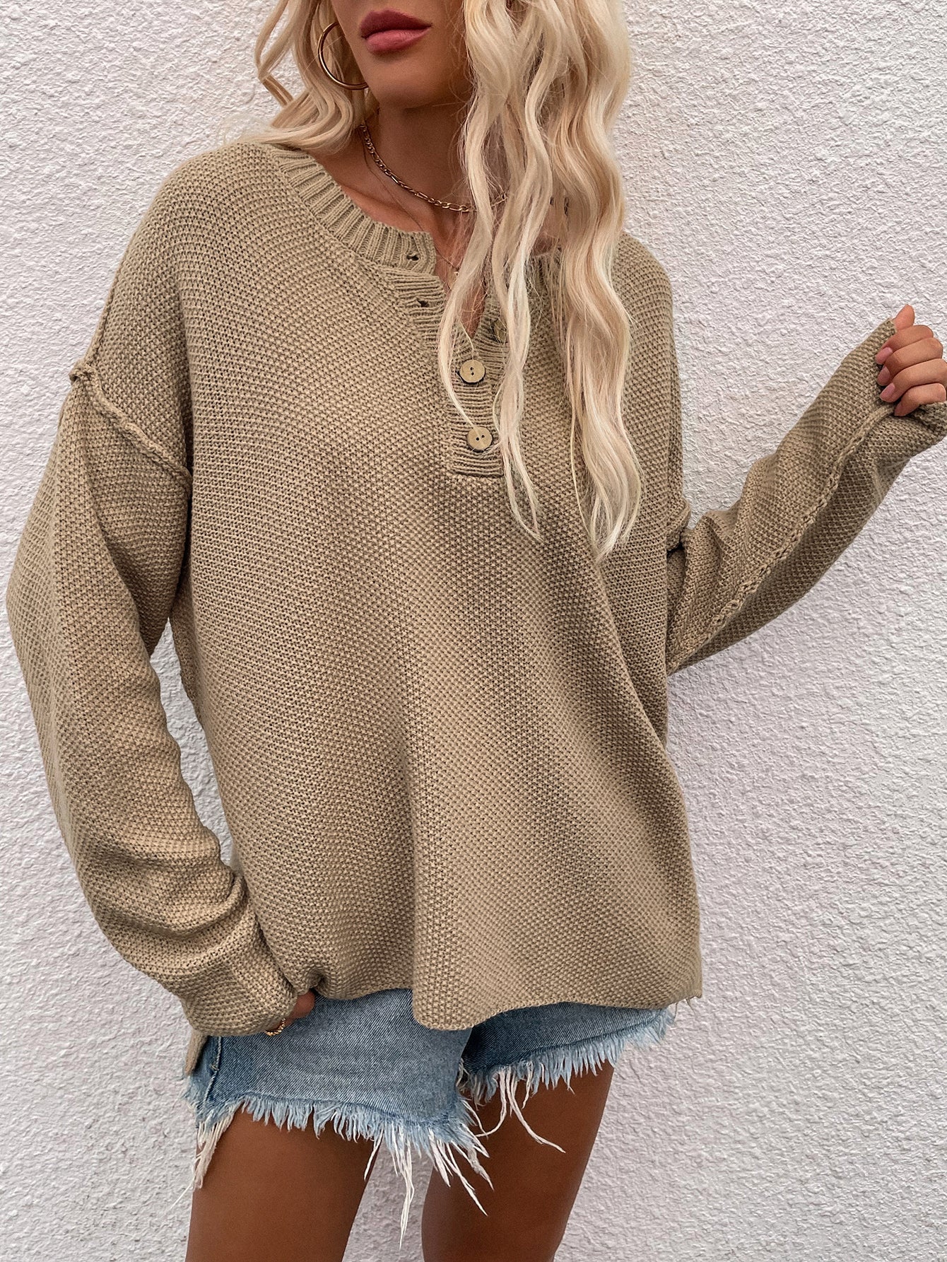 ADYN COLLARED BUTTON DOWN KNIT SWEATER - KHAKI