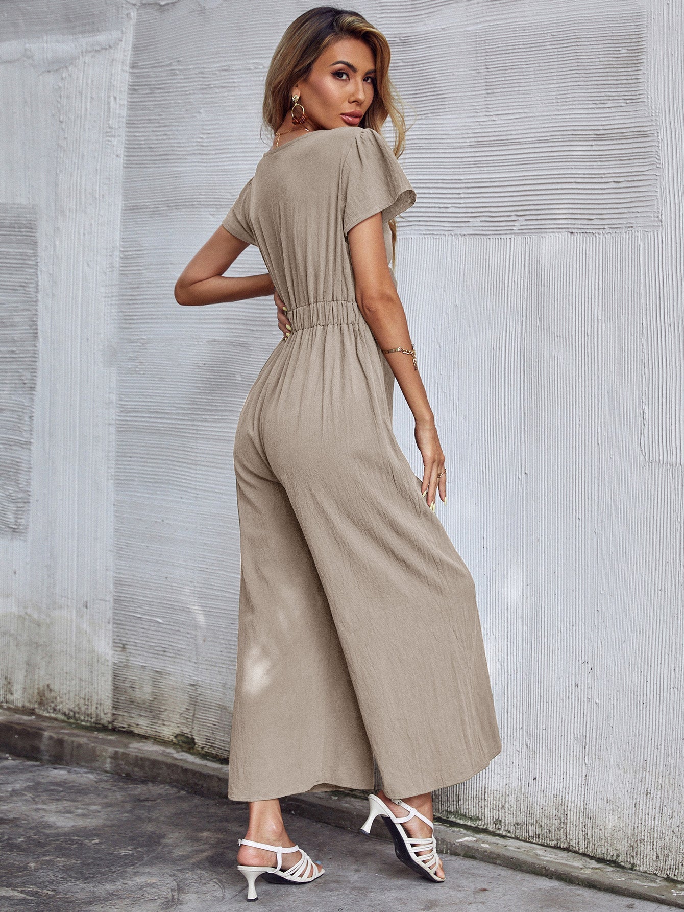 TOMMY BOW LINEN BLEND JUMPSUIT - APRICOT