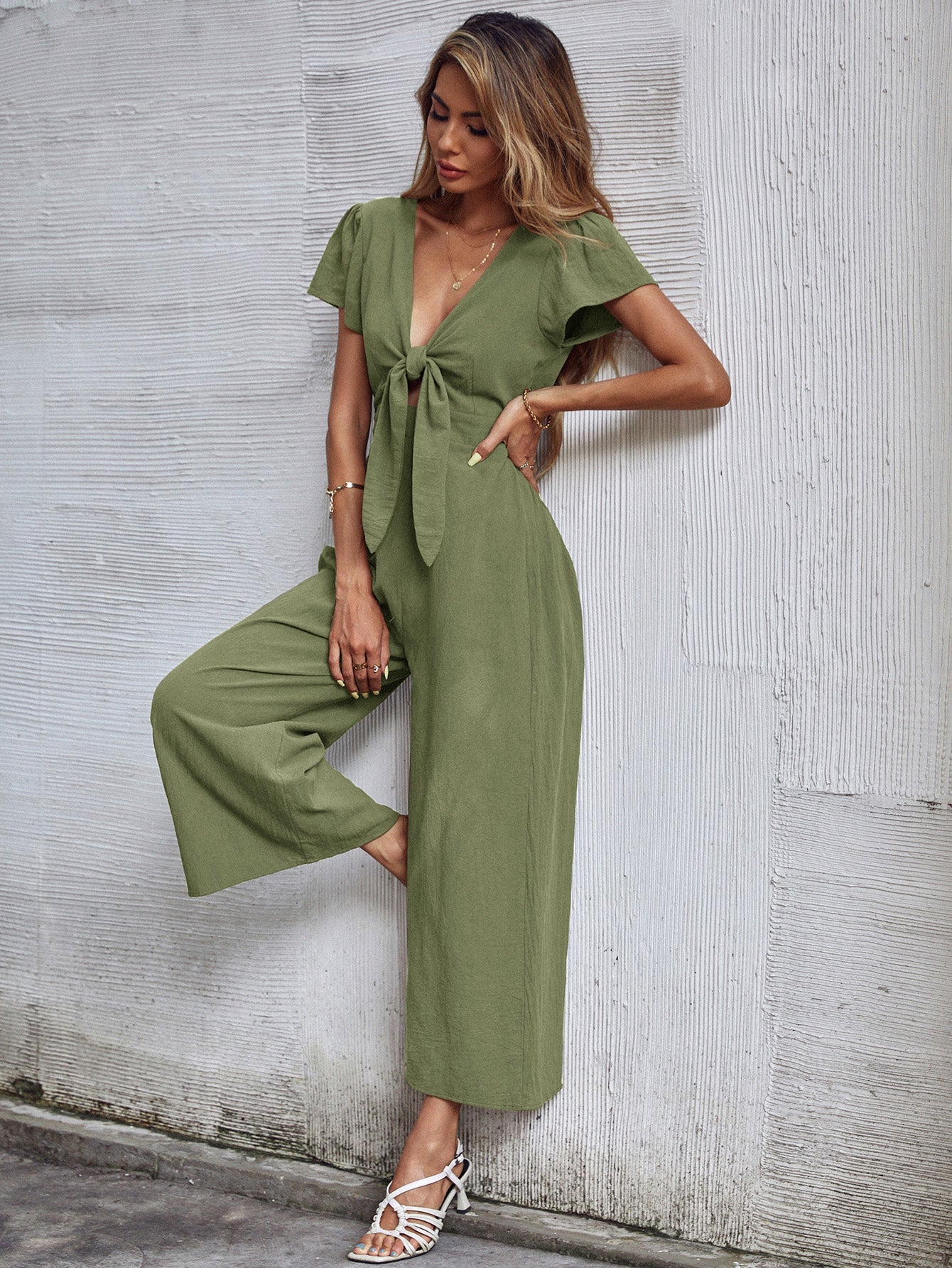 TOMMY BOW LINEN BLEND JUMPSUIT - ARMY GREEN