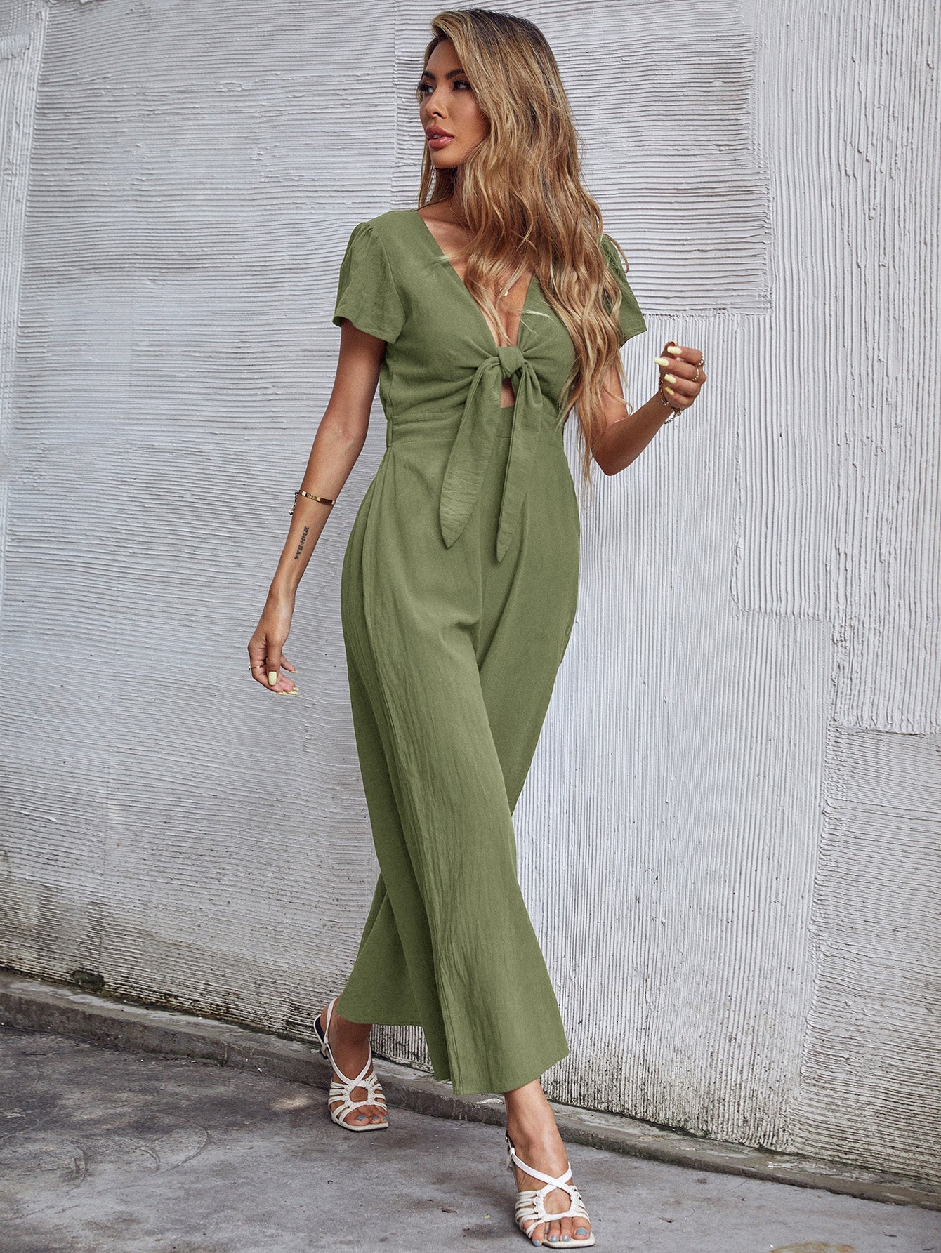 TOMMY BOW LINEN BLEND JUMPSUIT - ARMY GREEN