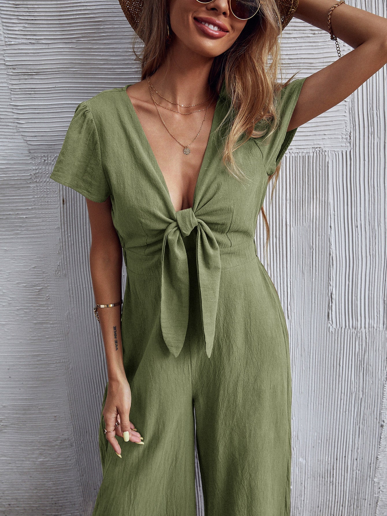 TOMMY BOW LINEN BLEND JUMPSUIT - ARMY GREEN