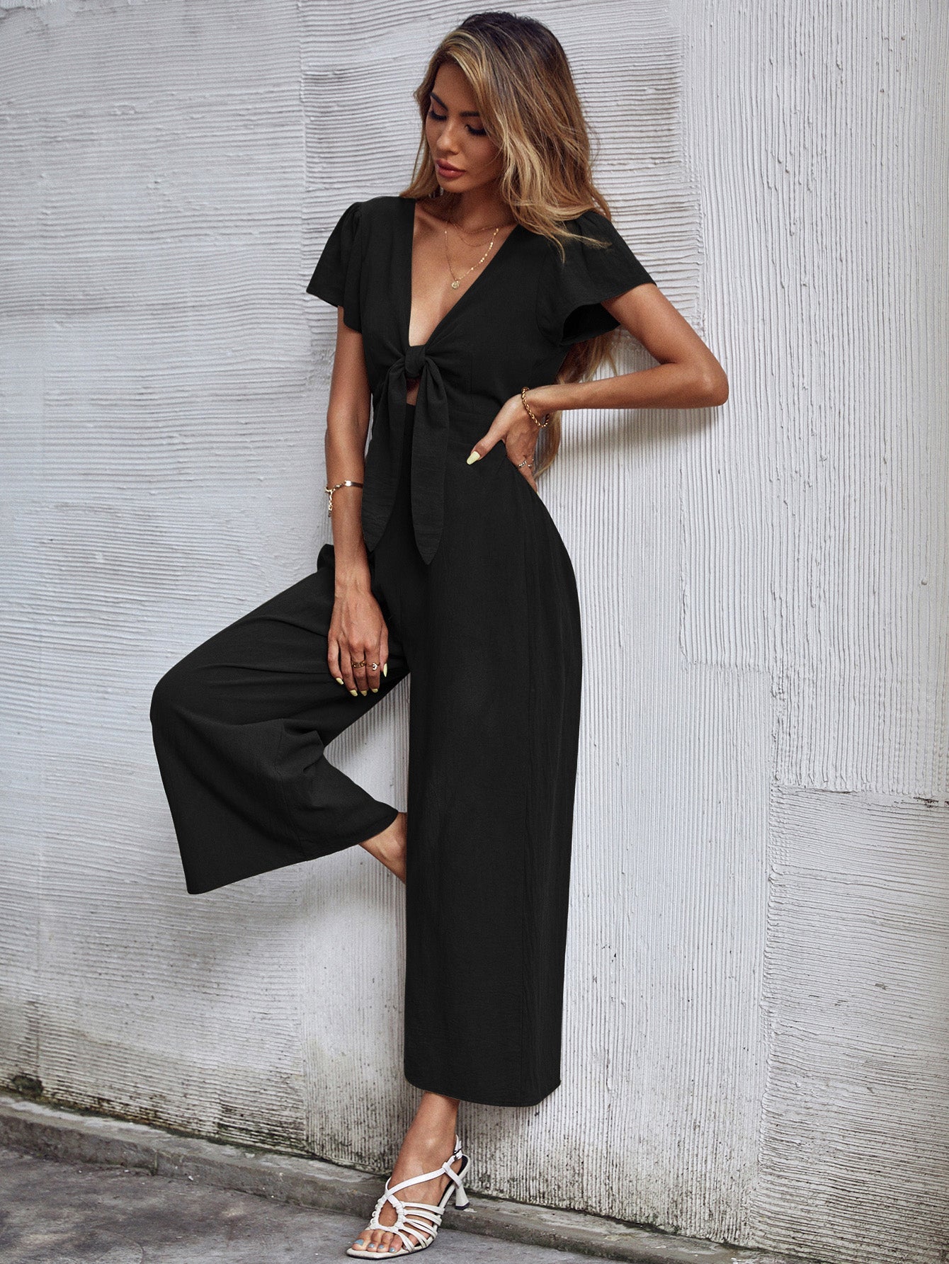 TOMMY BOW LINEN BLEND JUMPSUIT - BLACK