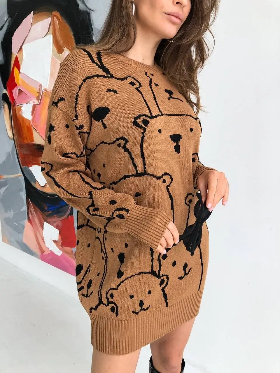 Calistally Doll | Smiley Polar Bear Brown Knit Sweater Dress