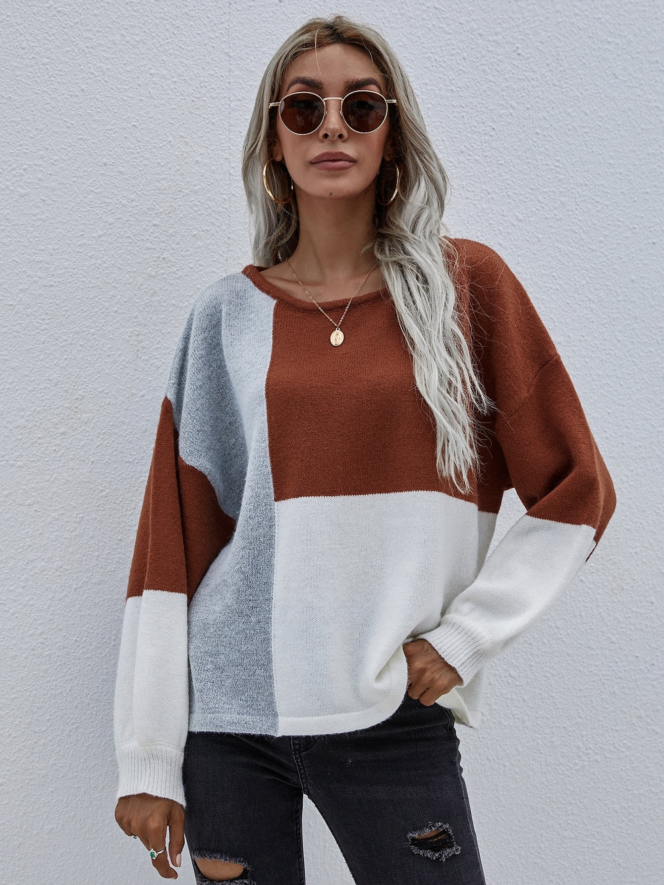 Calistally | Color Block Pattern Knit Sweater - Brown