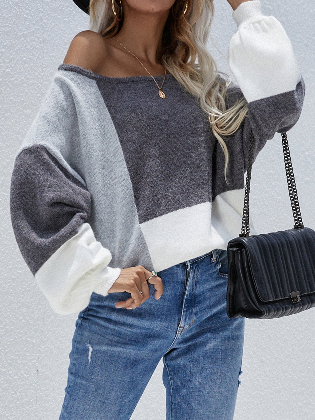Calistally | Color Block Pattern Knit Sweater - Grey