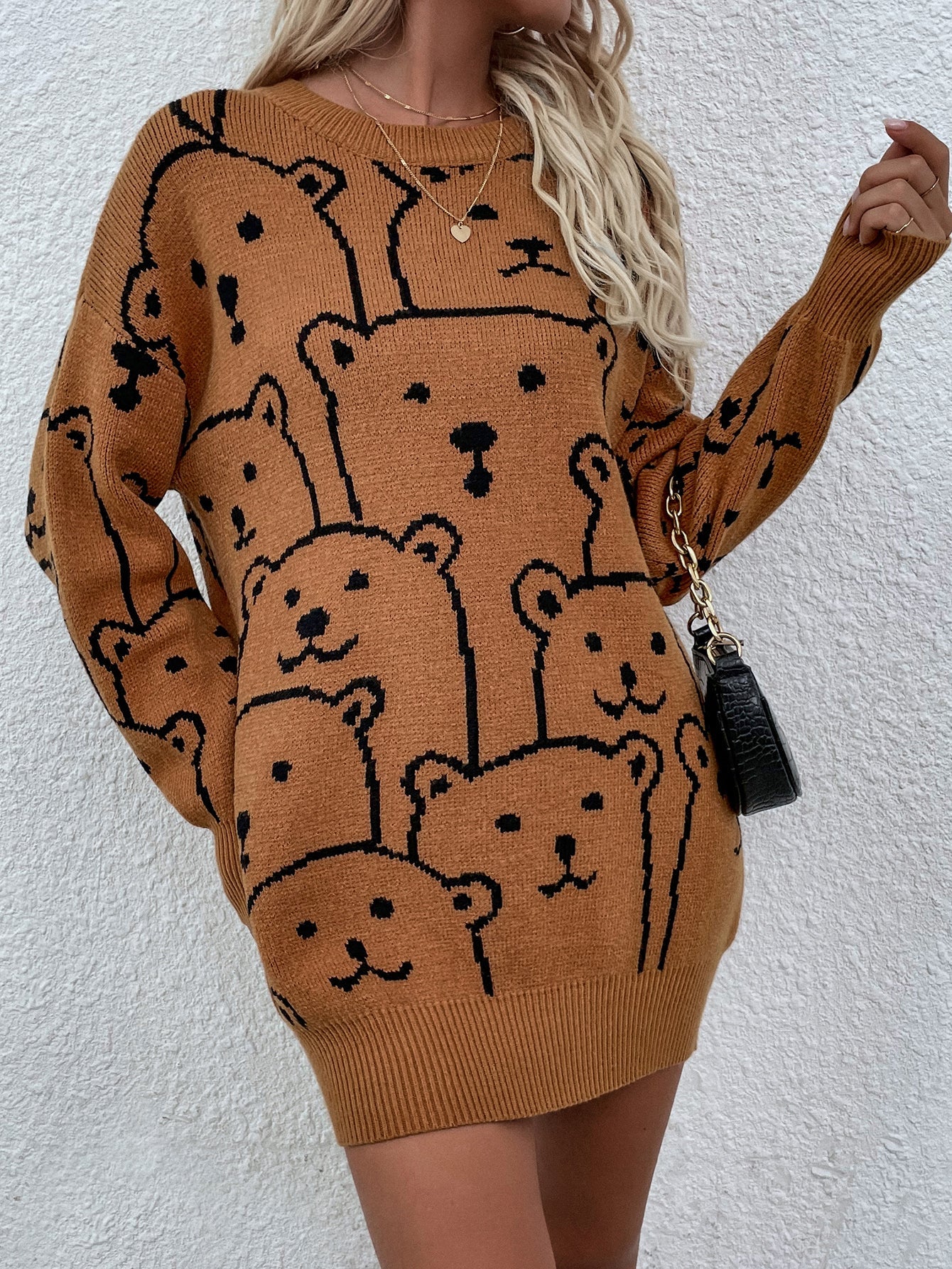 Calistally Doll | Smiley Polar Bear Brown Knit Sweater Dress