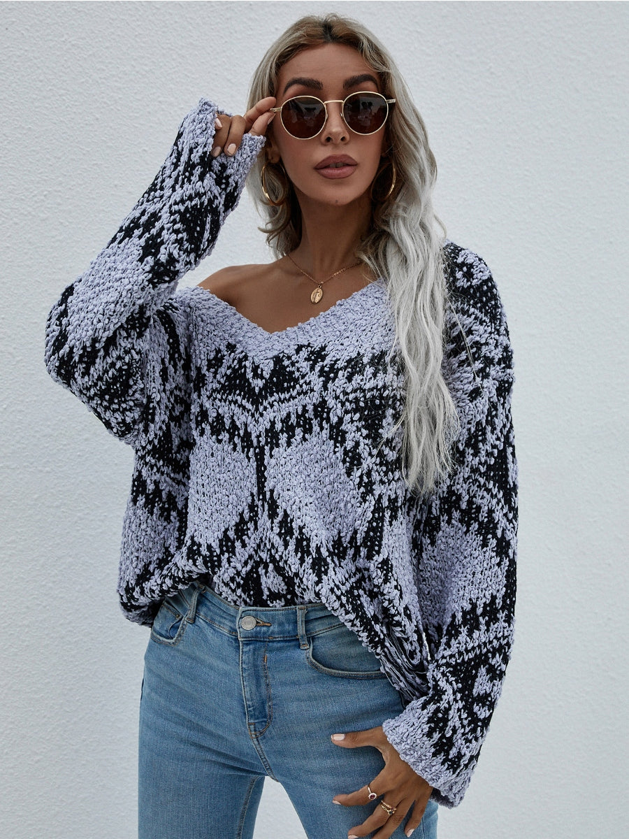 Calistally | Geometric Pattern Lantern Sleeve Sweater - Grey
