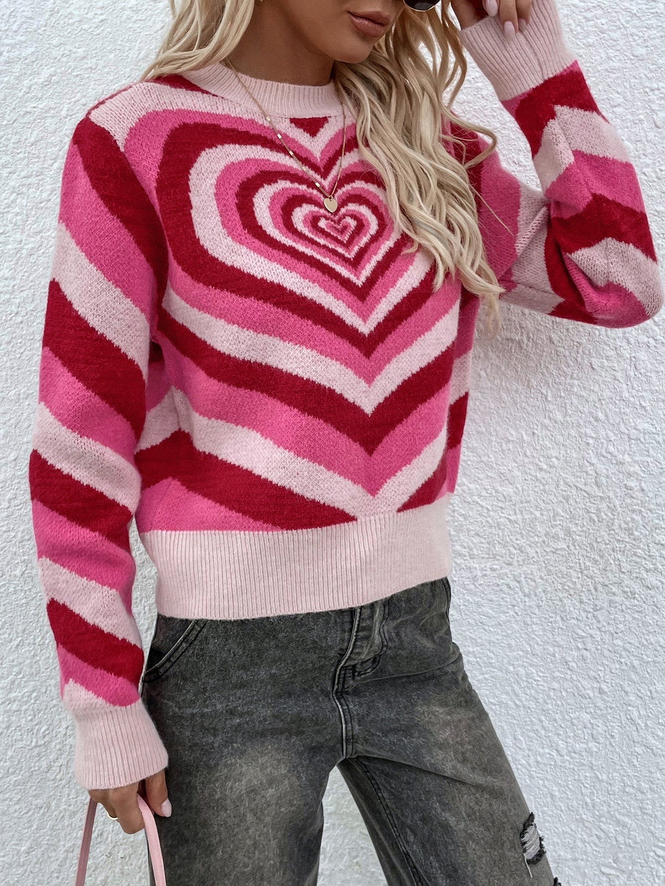 Calistally | Pink Red Heart Ring Knit Top
