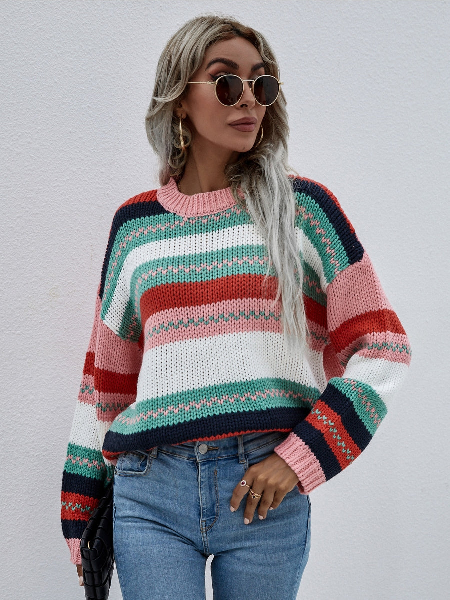 Calistally | Stripe Color-Block Knit Long-Sleeve Top - Pink