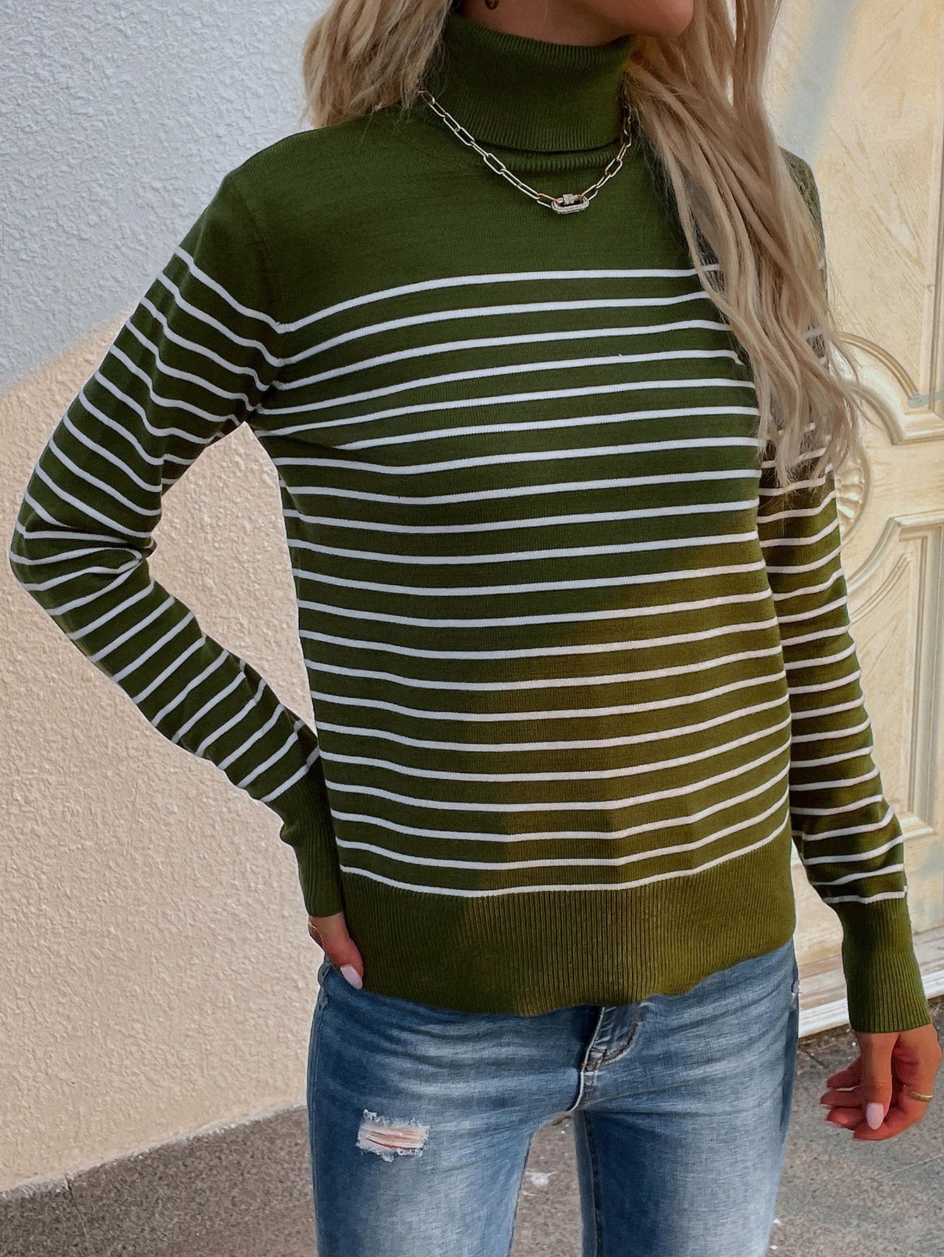 Calistally | Green Stripe Turtleneck Knit Top