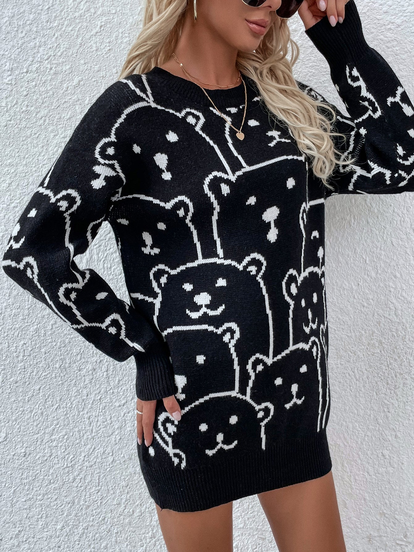 Calistally | Smiley Polar Bear Black Knit Sweater Dress