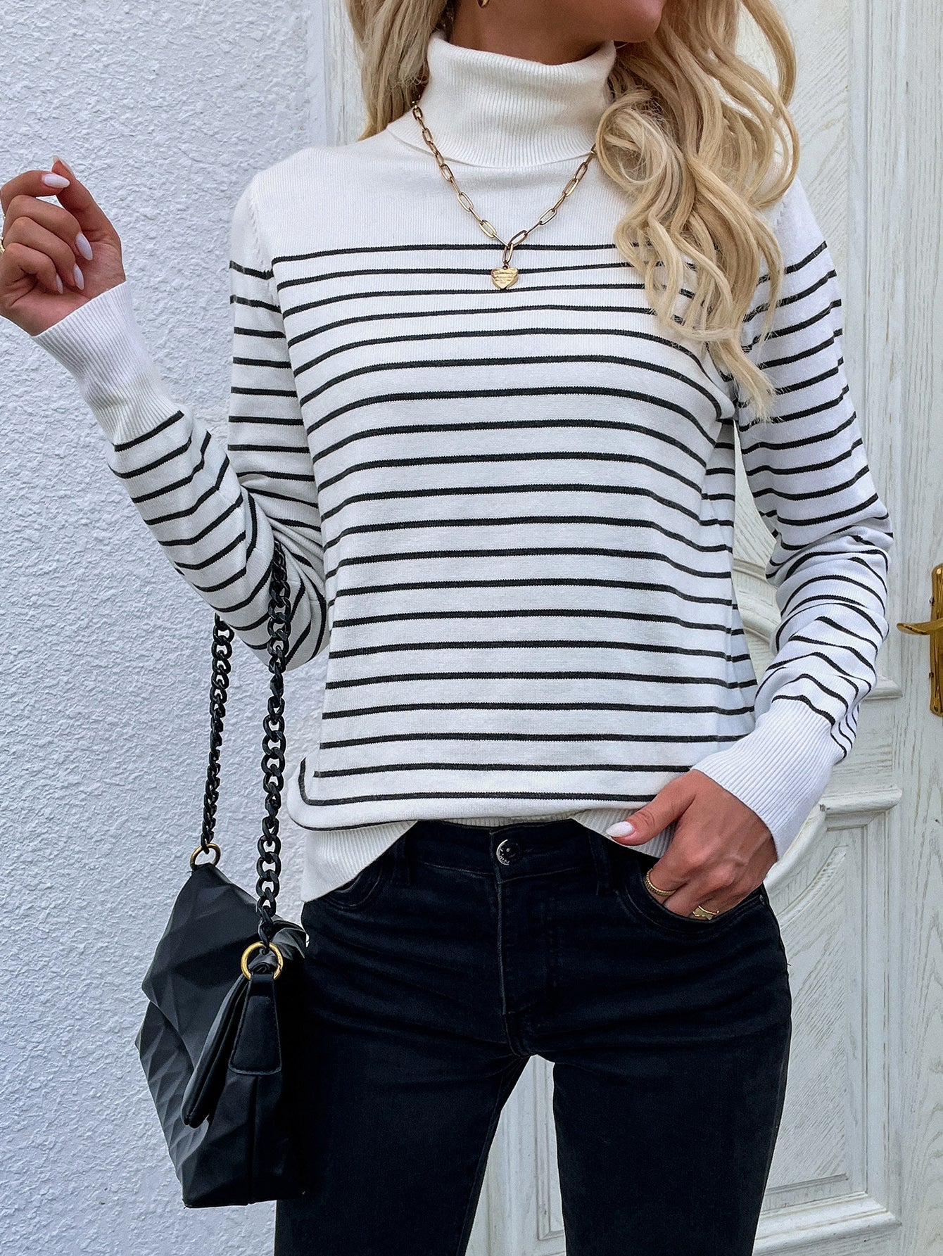 Calistally | Cream Stripe Turtleneck Knit Top