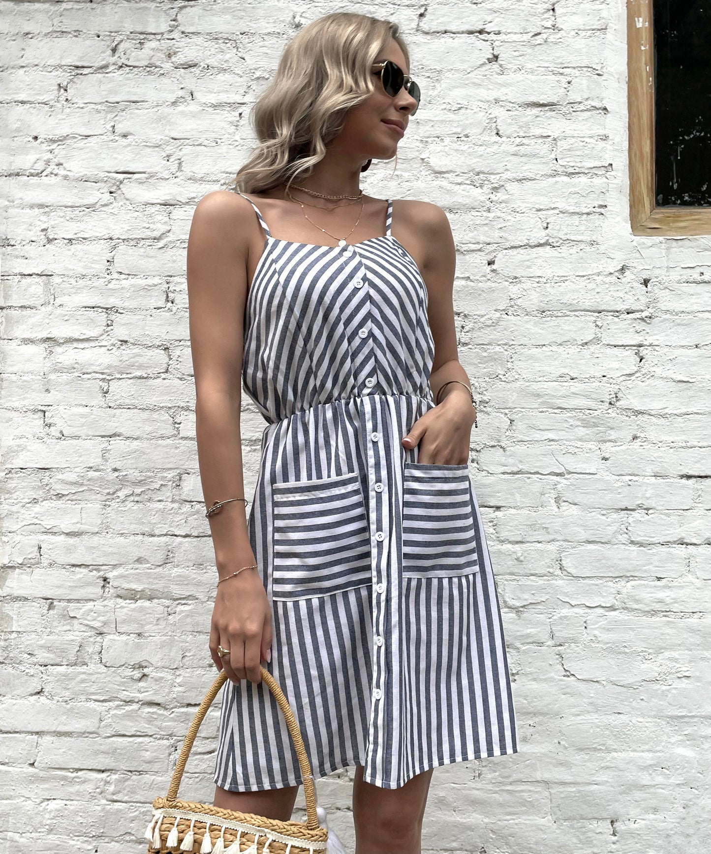 MADELYN LINEN DRESS - GRAY STRIPE