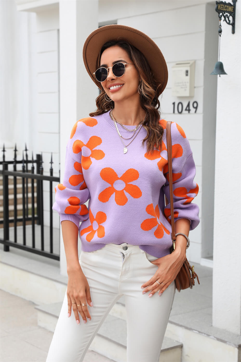 Fall Mega Daisy Floral Pullover Sweater - Purple