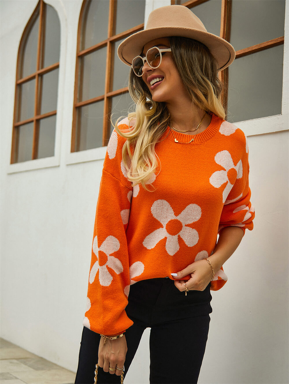 Fall Mega Daisy Floral Pullover Sweater - Orange